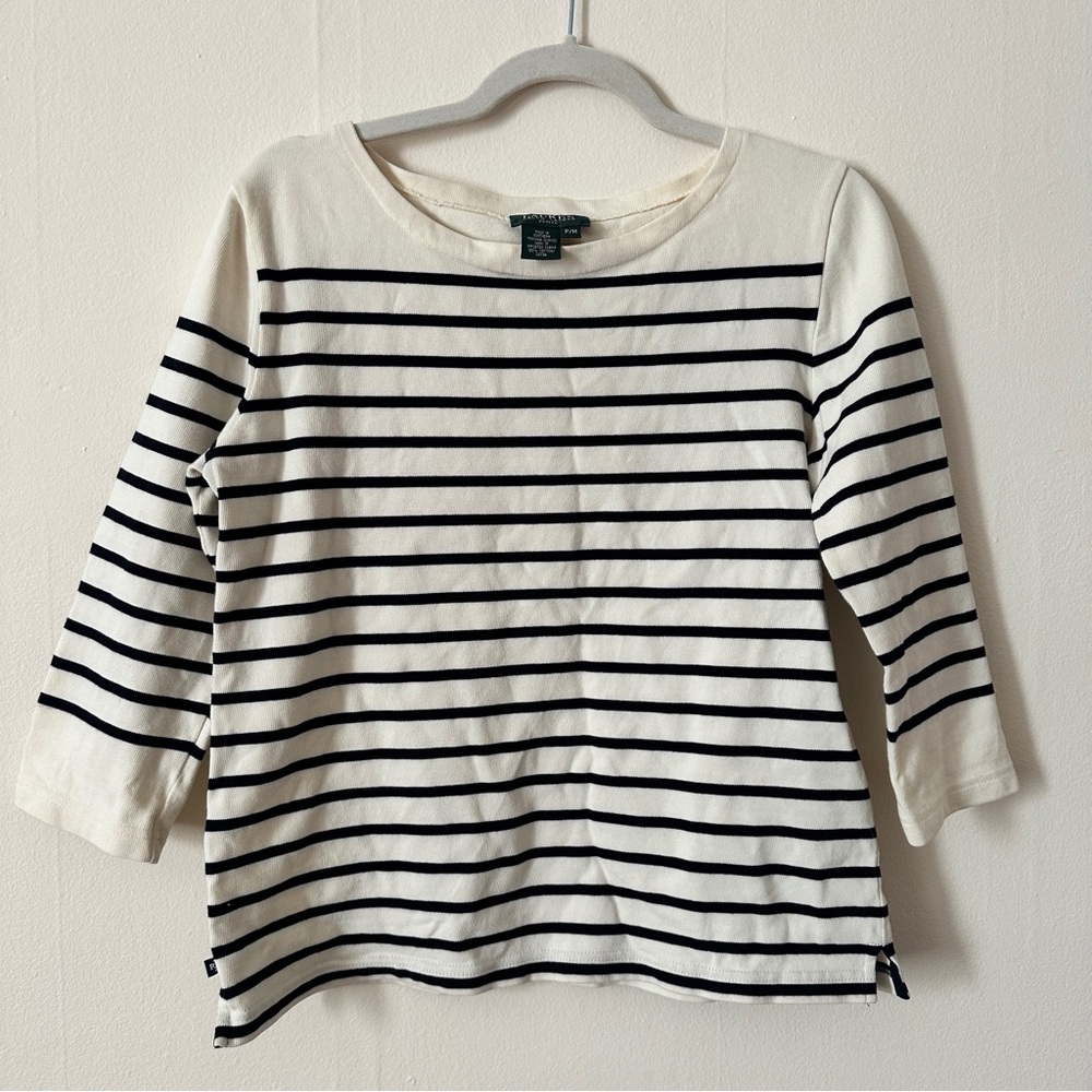 Lauren Ralph Lauren Petite Cream and Black Striped Top 3/4 Sleeves size M P